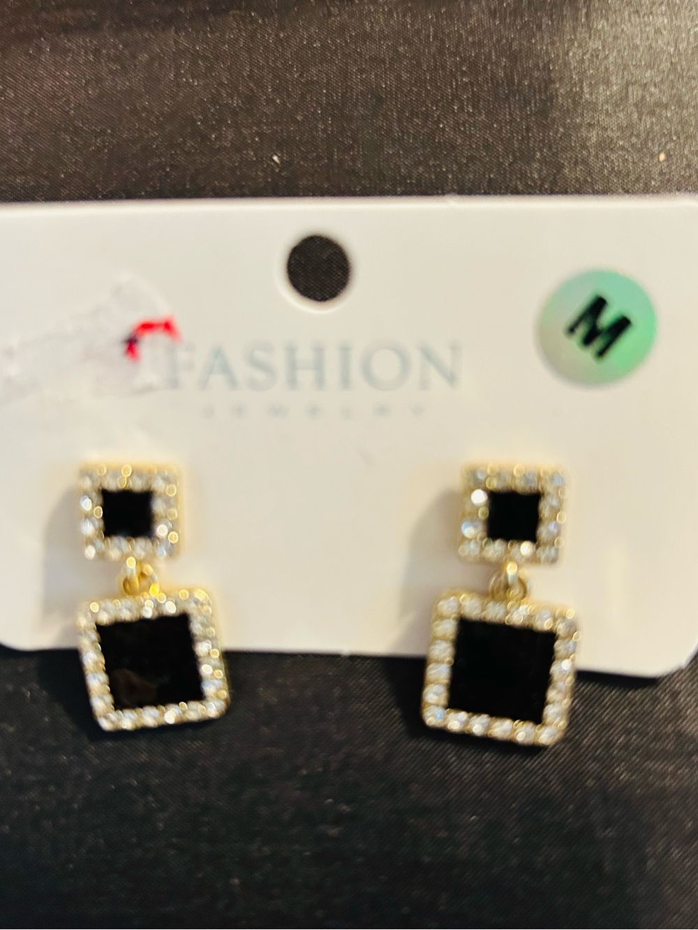 Gold and Black Square Drop Earrings with Crystal Halo